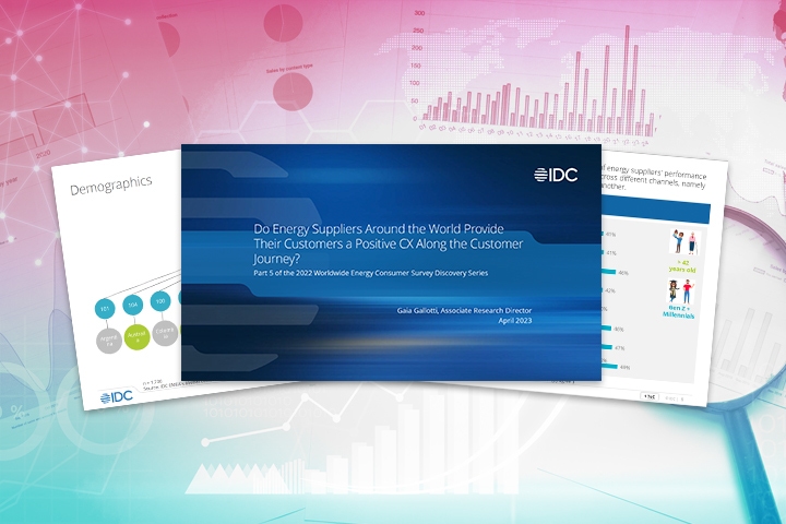 IDC Worldwide Energy Consumer Survey | Part 5 Thumbnail of the IDC Energy Insights Worldwide Consumer Survey report against abstract background showing data analysis