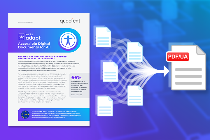 Inspire Adapt | Automated PDF Accessibility Solution Thumbnail of Inspire Adapt brochure against background showing documents streaming into PDF/UA
