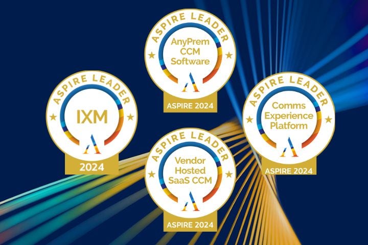2024 Q3 Aspire CCM-CXM Leaderboard Four Aspire 2024 Market Leader Badges against blue background with multi-colored light beams