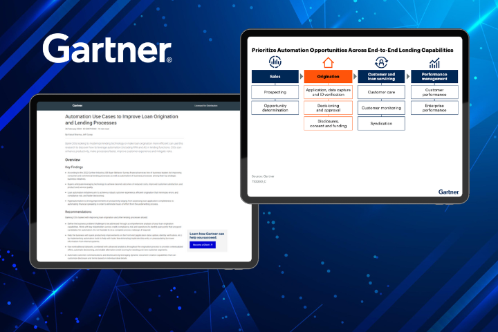 Automation Use Cases to Improve Loan Origination and Lending Processes | Gartner Report iPad displaying the Gartner report, "Automation Use Cases to Improve Loan Origination and Lending Processes"